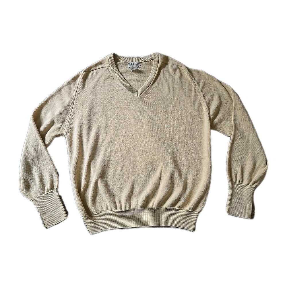 L.L. BEAN V-Neck Cotton Knit Heavy Sweater Sz Large Golden Yellow Pullover USA